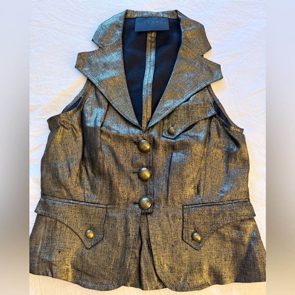 Richmond X Sleeveless Crop Top/Vest in Black/Metallic Gold Linen. Size Small.